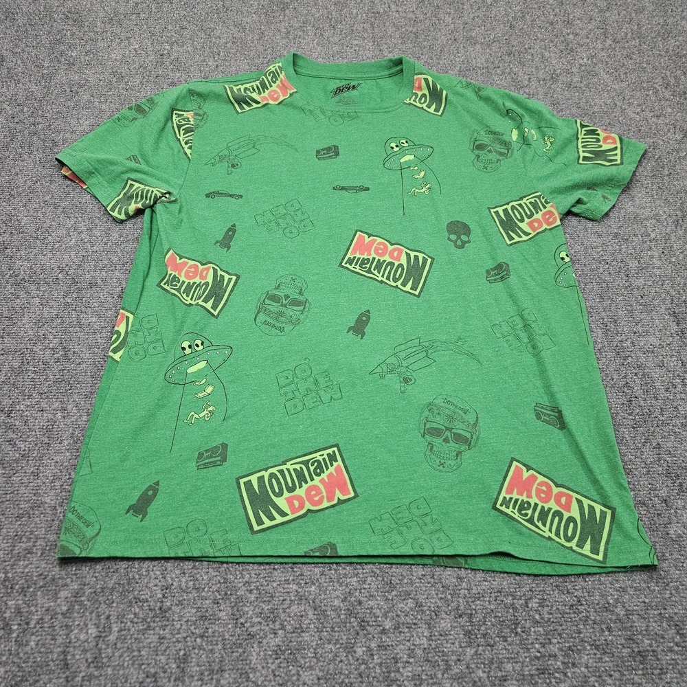Mountain Dew Tshirt Mens XL Green Logo All Over Print Graphic Retro Soda Skater